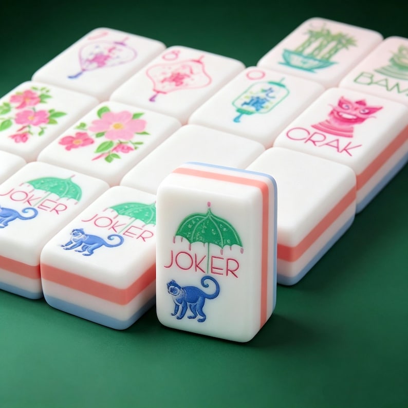 May include: A collection of white mahjong tiles with layered pink and blue edges. The tiles feature colorful illustrations including pink flowers, green umbrellas, blue monkeys, and lanterns. Several tiles are marked with the text JOKER, CRAK, and BAM.