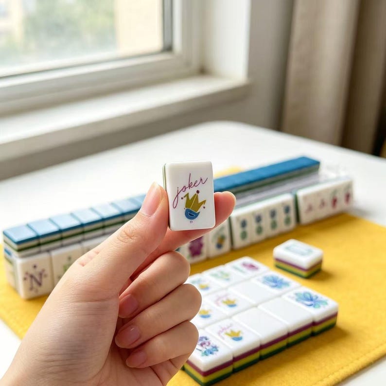 Puede incluir: Una ficha de mahjong rectangular blanca sostenida en primer plano, con la palabra joker en letra cursiva sobre un peque&ntilde;o p&aacute;jaro azul con una corona amarilla. Se ven otras fichas con diversos dise&ntilde;os florales y caracteres impresos.