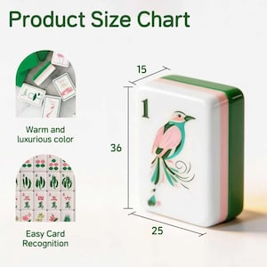 May include: A rectangular mahjong tile featuring a bird illustration and the number 1, with dimensions of 36 by 25 by 15 mm. The tile has a white face, a pink middle layer, and a dark green back. Additional smaller tiles are shown in circular insets.