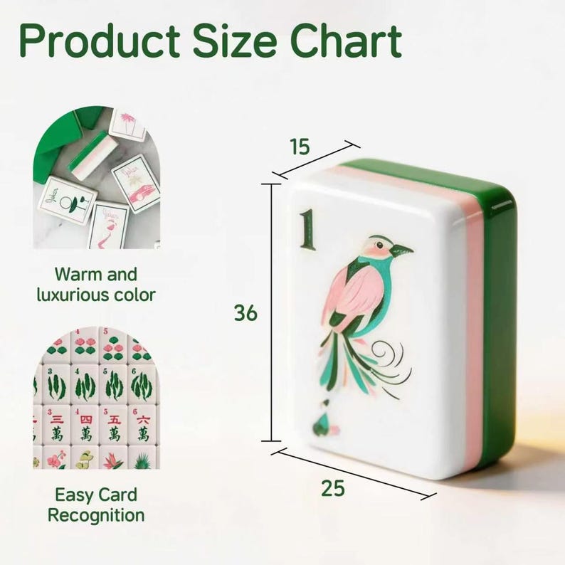 May include: A rectangular mahjong tile featuring a bird illustration and the number 1, with dimensions of 36 by 25 by 15 mm. The tile has a white face, a pink middle layer, and a dark green back. Additional smaller tiles are shown in circular insets.