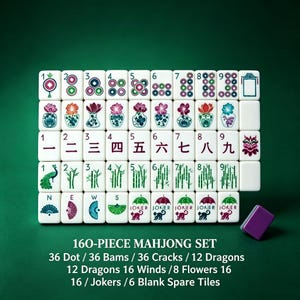Pu&ograve; includere: Un set da mahjong da 160 pezzi composto da tessere bianche con disegni incisi colorati, tra cui punti, bamb&ugrave;, caratteri cinesi, fiori, pavoni e jolly. Il set include 36 punti, 36 bams, 36 cracks, 12 draghi, 16 venti, 8 fiori, 16 jolly e 6 tessere vuote.
