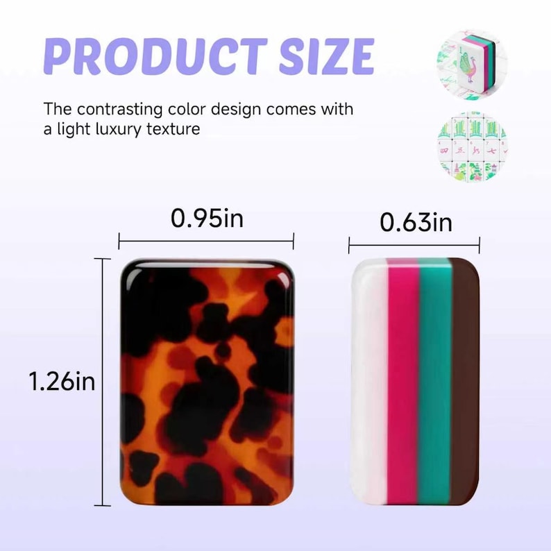May include: Two rectangular mahjong tiles with dimensions of 1.26 inches by 0.95 inches and 0.63 inches. One tile features a brown and black tortoiseshell pattern, while the other displays vertical stripes in white, pink, teal, and dark brown.