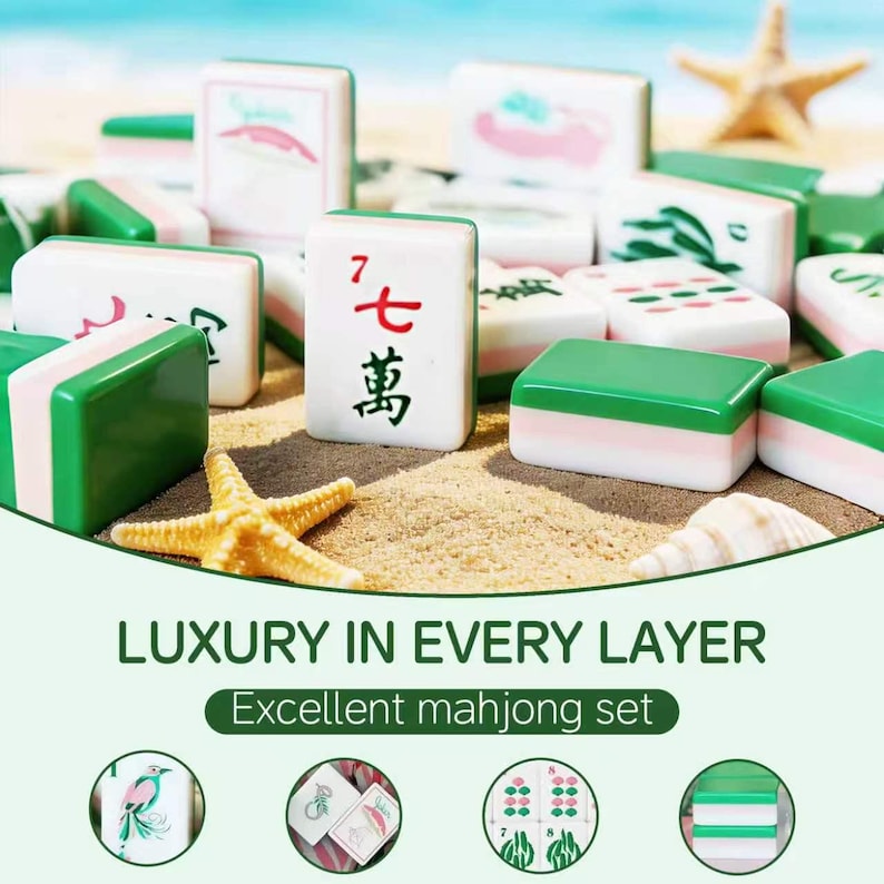 May include: A mahjong set featuring rectangular tiles with white faces and green backs. The tiles display various red and green symbols, including the Chinese character for seven. The set includes text reading LUXURY IN EVERY LAYER.