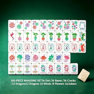 May include: A 160-piece mahjong set featuring white tiles with colorful floral, bamboo, and character designs. The set includes dots, bams, cracks, dragons, winds, flowers, and jokers. Text on the image reads: 160-PIECE MAHJONG SET 36 Dot / 36 Bams / 36 Cracks / 12 Dragons 12 Dragons 16 Winds / 8 Flowers 16/Jokers.