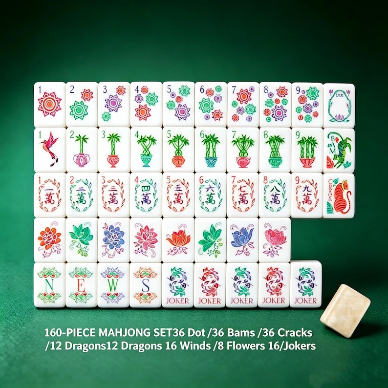 May include: A 160-piece mahjong set featuring white tiles with colorful floral, bamboo, and character designs. The set includes dots, bams, cracks, dragons, winds, flowers, and jokers. Text on the image reads: 160-PIECE MAHJONG SET 36 Dot / 36 Bams / 36 Cracks / 12 Dragons 12 Dragons 16 Winds / 8 Flowers 16/Jokers.