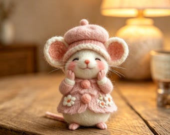 Adorno de ratón de fieltro de lana hecho a mano, boina rosa, figura de animal de cuento, decoración acogedora para la habitación del bebé.