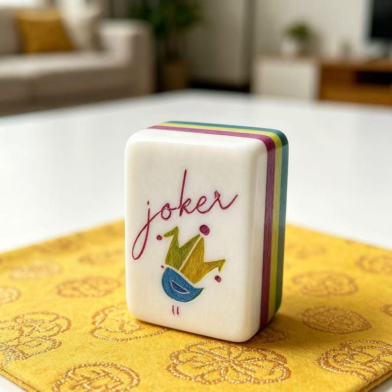 Puede incluir: Una ficha de mahjong rectangular con una cara frontal blanca que muestra la palabra joker en letra roja sobre un gr&aacute;fico de un sombrero de buf&oacute;n estilizado en verde y azul. Los lados de la ficha tienen rayas horizontales de colores.