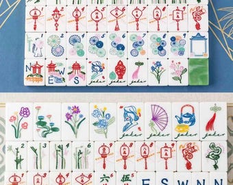 Benutzerdefinierte amerikanische Mahjong | Grüner Marmor 3-Schicht-Acryl, handgemalte orientalische Blumen- und Laternen-Mahjong-Kacheln