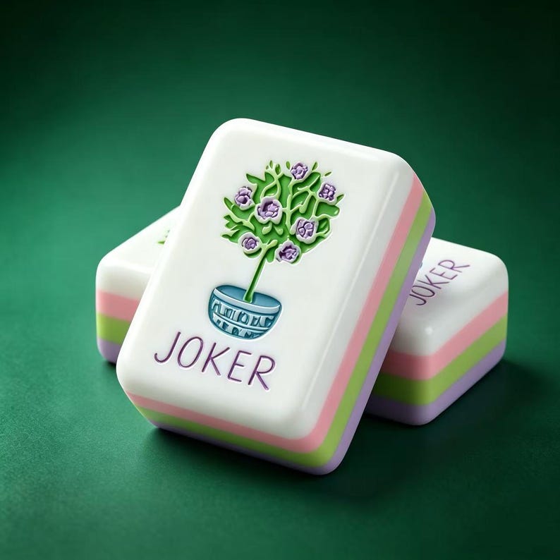 May include: A white rectangular mahjong tile featuring a potted tree graphic with purple flowers and green leaves. The word JOKER is printed in purple below the tree. The tile has layered side stripes in pink, green, and purple colors.