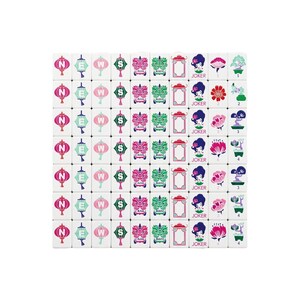 以下が含まれることがあります： N, E, W, Sの文字が入った提灯、龍の頭、長方形の枠、JOKERと書かれた人物、様々な花の模様、番号付きの盆栽のアイコンが描かれた、グリッド状に並べられた白い麻雀牌のセット。