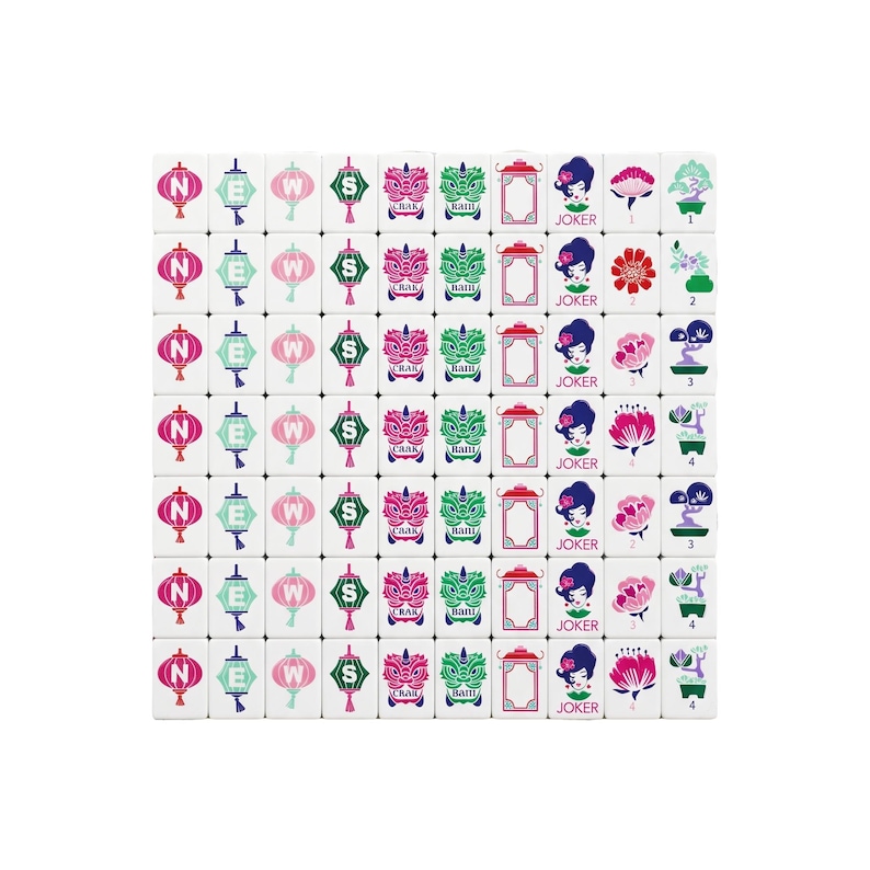 以下が含まれることがあります： N, E, W, Sの文字が入った提灯、龍の頭、長方形の枠、JOKERと書かれた人物、様々な花の模様、番号付きの盆栽のアイコンが描かれた、グリッド状に並べられた白い麻雀牌のセット。