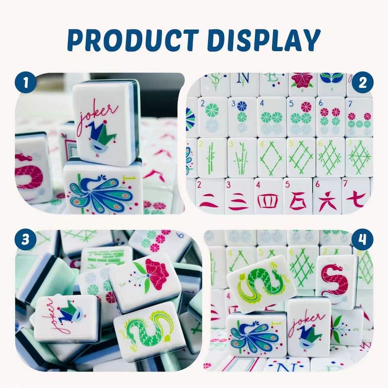 May include: A set of white Mahjong tiles featuring colorful illustrations of dragons, flowers, peacocks, and joker icons with script text. The tiles display various numbers and symbols in red, green, and blue, organized in a grid and scattered piles.