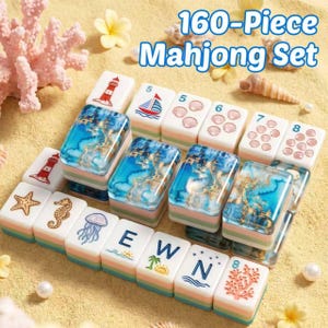 Personalized Custom American Mahjong | 4-Layer Ocean Marble Acrylic, 160 Hand Painted Ocean Marine Themed Tiles, Holiday & Home Gift