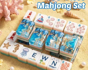 Personalisierte benutzerdefinierte amerikanische Mahjong | 4-lagiger Ocean Marble Acryl, 160 handbemalte Ocean Marine Themed Tiles, Urlaub & Geschenk