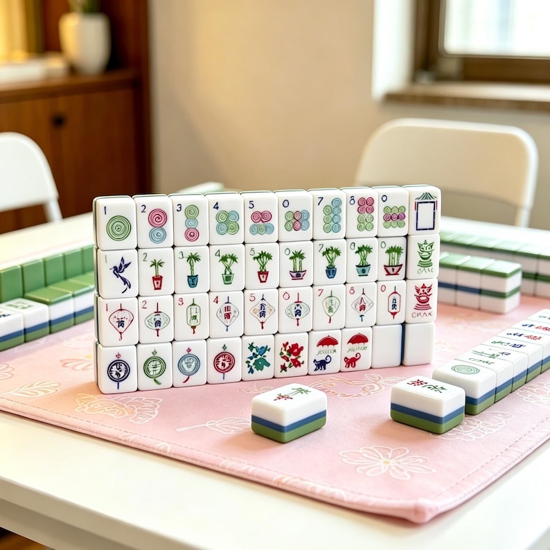 May include: A set of white mahjong tiles featuring colorful illustrations of plants, lanterns, animals, and numbers. The tiles are arranged in a grid on a light pink mat with white floral outlines, with additional tiles placed in front and to the sides.