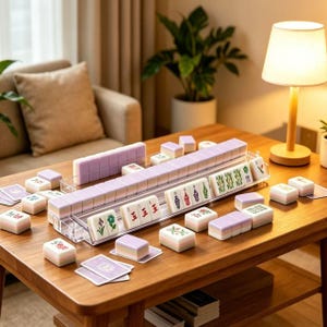 May include: A set of pastel purple and white Mahjong tiles arranged in clear plastic racks on a wooden table. The tiles feature various green and red floral, character, and symbol engravings. Some tiles are placed individually on the table surface.