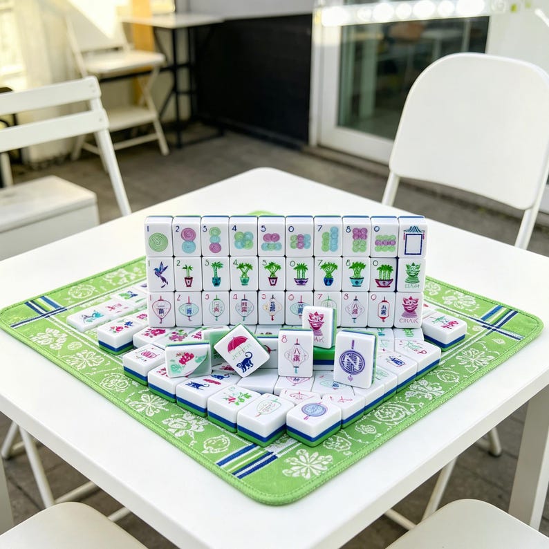 May include: A set of white mahjong tiles with green, blue, and pink graphic illustrations of plants, lanterns, and animals. The tiles are arranged in a rectangular formation on a green patterned mat, with additional loose tiles scattered in front.