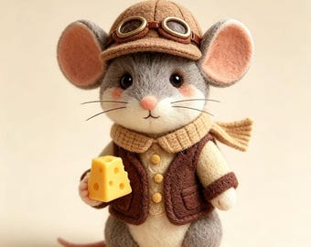 Muñeco de ratón aviador de fieltro de lana hecho a mano, ratón piloto vintage con queso, figura en miniatura