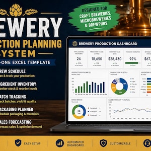 Può includere: Un computer portatile che mostra un modello Excel per il dashboard di produzione di un birrificio. Lo schermo visualizza grafici e dati su volume di produzione, inventario e vendite. Il testo include Brewery Production Planning System.