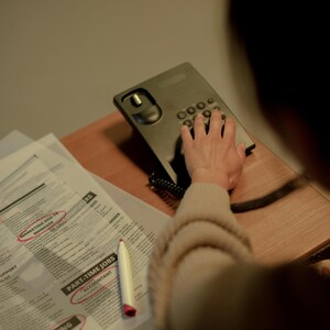 May include: A black telephone with a hand resting on the keypad sits on a wooden desk. Below, a printed document with circled text and a red pen are visible. The text includes "MARKETING AND PR MANAGER" and "PART-TIME JOBS ACCOUNTANT."