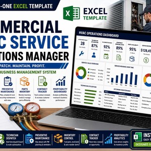 Painel de controle de serviços de HVAC comercial | Modelo de planilha Excel para empresas de HVAC | Rastreamento de despacho, manutenção e lucro