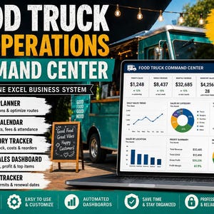 May include: A laptop displaying a Food Truck Operations Command Center Excel template with data dashboards, charts, and financial metrics. The screen shows sales trends, inventory status, and profit summaries for mobile food business management.