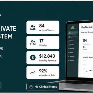 May include: A digital dashboard interface for a Therapist Private Practice System displayed on a laptop screen. The dark green layout features metrics including 84 active clients, 17 waitlist entries, $12,840 monthly revenue, and a 92% attendance rate.