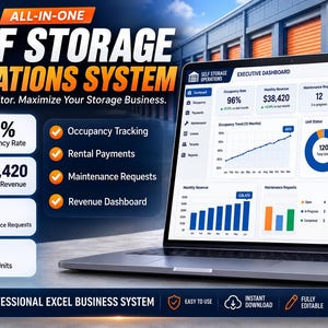 Könnte beinhalten: Ein Laptop zeigt ein Dashboard für ein Self-Storage-Betriebssystem mit Daten zu Auslastungsraten, monatlichen Einnahmen, Wartungsanfragen und Einheitenstatus. Der Bildschirm enthält Diagramme, Grafiken und Text zu Belegungsverfolgung und Zahlungen.