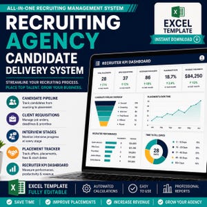 Dashboard per agenzie di reclutamento (modello Excel) / Strumento di monitoraggio del flusso di candidati / CRM per la gestione dei colloqui / Strumento di monitoraggio dei collocamenti