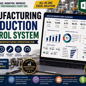 May include: A laptop displaying an Executive Manufacturing Dashboard with various charts, graphs, and performance metrics. The screen shows data for production output, downtime, quality rates, and inventory consumption for a manufacturing control system.