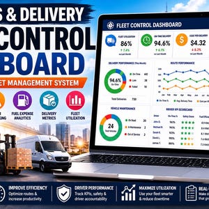 Può includere: Un cruscotto digitale per il controllo della flotta visualizzato su uno schermo di un computer portatile, con dati logistici, grafici e metriche di performance. L'interfaccia include sezioni per la manutenzione dei veicoli e l'analisi dei costi.