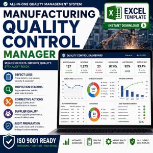 May include: A digital manufacturing quality control manager Excel template displayed on a laptop screen. The dashboard features data visualisations including line graphs, pie charts, and bar charts tracking defect rates, supplier performance, and audit readiness.
