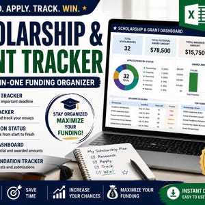 Puede incluir: Una computadora portátil muestra un panel de control de seguimiento de becas y subvenciones, con datos financieros y gráficos. También se ven un bloc de notas, un bolígrafo y el texto "Find. Apply. Track. Win."