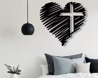 Arte mural de cruz en forma de corazón en formato SVG – Decoración cristiana de amor – Archivo de corte láser inspirado en la fe