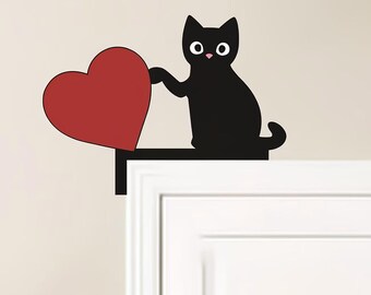 Decoración de esquina para puerta con diseño de gato negro, adorno para puerta con forma de corazón de gato, decoración para marco de puerta con diseño de gato adorable, regalo para amantes de los gatos, arte de pared con diseño de gato cortado con láser.