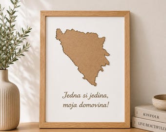 Bosnia Map Framed Wall Art | Laser Engraved White MDF Decor | Bosnia and Herzegovina Patriotic Gift | Handmade Home Decoration
