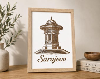 Sarajevo Sebilj Framed Wall Art | Laser Engraved White MDF Decor | Bosnia and Herzegovina Souvenir | Handmade Sarajevo Gift
