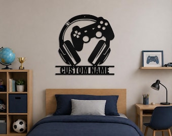 Arte mural para gamers en formato SVG | Letrero personalizado con nombre de jugador | Decoración de pared para mando de auriculares | SVG para sala de gamers cortado con láser