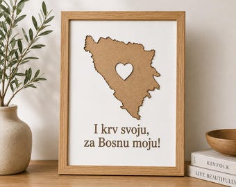 Bosnia Map Framed Wall Art with Heart | Laser Engraved White MDF Decor | Bosnia and Herzegovina Patriotic Gift | Handmade Home Decoration