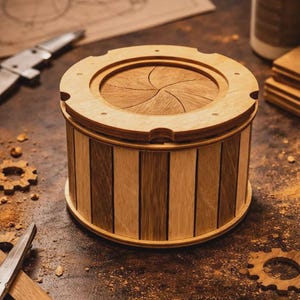 Peut inclure: Une boîte en bois artisanale avec un couvercle circulaire orné d'un motif en spirale. Le corps cylindrique est composé de lattes de bois verticales de différentes nuances de brun. La boîte repose sur une surface sombre avec des outils de menuiserie et de la sciure de bois éparpillée.