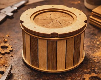 Caja Iris cortada con láser SVG – Caja de regalo secreta con forma de obturador de cámara de madera