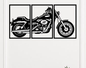 Arte mural de motocicletas SVG, Chopper Bike SVG, Decoración de pared estilo Harley, Tríptico de motocicletas SVG, Decoración de garaje para motociclistas, Archivo de corte láser