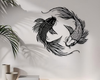 Arte mural de peces koi Yin Yang SVG – Archivo de corte láser de carpa koi japonesa – Decoración de peces zen