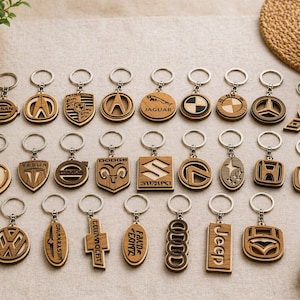 Könnte beinhalten: Eine Sammlung von Holzschlüsselanhängern mit Logos verschiedener Automarken, darunter Jaguar, Jeep und Tesla. Die Schlüsselanhänger sind aus hellbraunem Holz gefertigt und haben silberne Schlüsselringe. Die Schlüsselanhänger sind auf einer beigen Oberfläche angeordnet.
