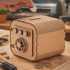 May include: A wooden piggy bank shaped like a safe, with a slot on top for coins. The bank has a combination dial and a round handle. A hand is dropping a coin into the slot. The bank is on a wooden surface.