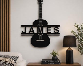 Arte mural de guitarra personalizado en formato SVG | Letrero de guitarra con nombre personalizado | Decoración para amantes de la música | Arte mural de guitarra acústica