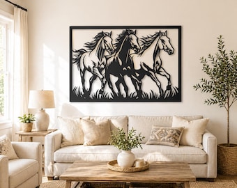 Arte mural de caballos corriendo en formato SVG | Decoración mural de metal con caballos enmarcados | Diseño SVG de caballos salvajes | Obra de arte de caballos cortada con láser