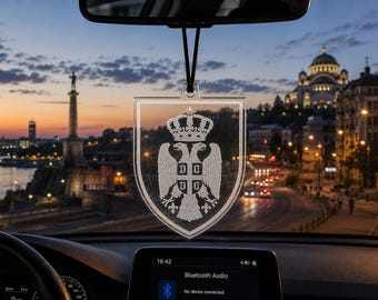 Serbia Acrylic Car Hanging Ornament, Serbian Coat of Arms Car Mirror Decor, Engraved 3mm Acrylic Auto Accessory, Belgrade Gift
