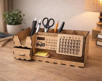 Organizador de escritorio multiusos cortado a láser de 3 mm | Archivo SVG DXF de almacenamiento de escritorio de madera | Organizador de oficina | Diseño cortado a láser | Descarga instantánea