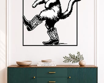 SVG de arte mural de gato vaquero, archivo de corte láser de gato del oeste, decoración divertida de gato de granja, letrero de gatito campestre, diseño de corte CNC, Glowforge SVG